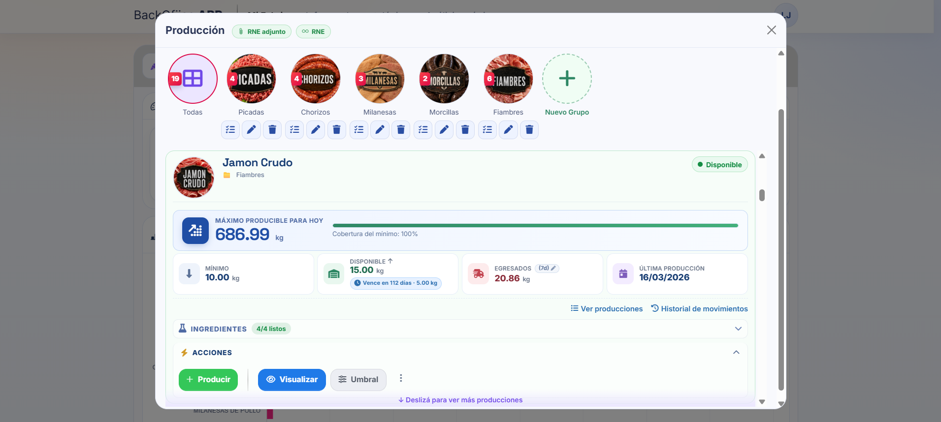 Pantalla de producción con stock, máximo producible e ingredientes BackOffice ABR